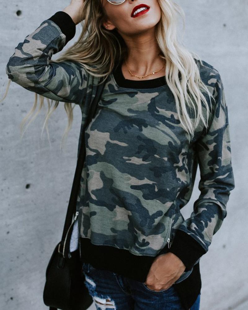 

Camouflage Print Zipper Split Casual Sweatshirt, Army green
