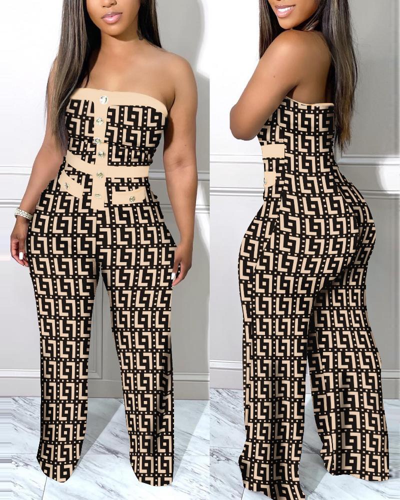 

Geometric Print Button Decor Tube Jumpsuit, Khaki