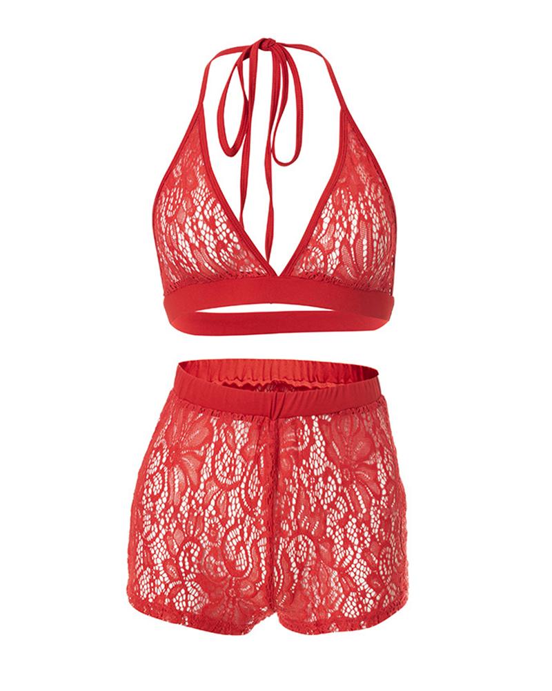 

Mesh Lace Halter Sleeveless Cropped Top With Short Pants Sexy Sets, Red