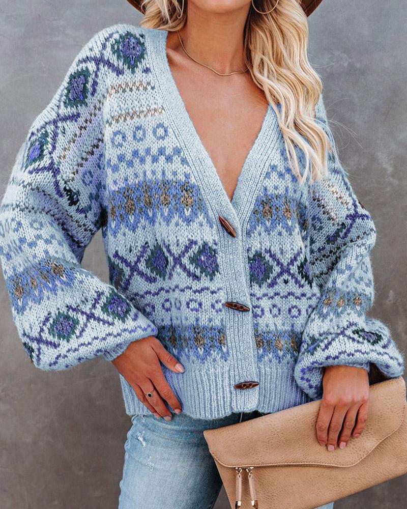 

Geo Pattern Lantern Sleeve Button Front Cardigan, Blue