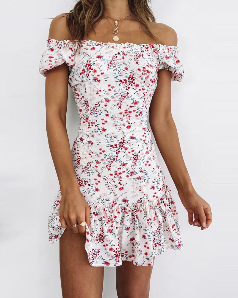 

Floral Print Short Sleeve Skinny Women Dress, Beige
