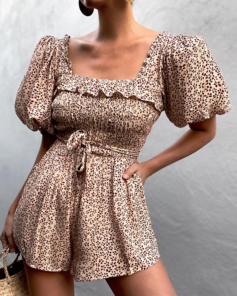 

Ditsy Floral Print Puff Sleeve Frill Hem Lace Up Romper, Apricot