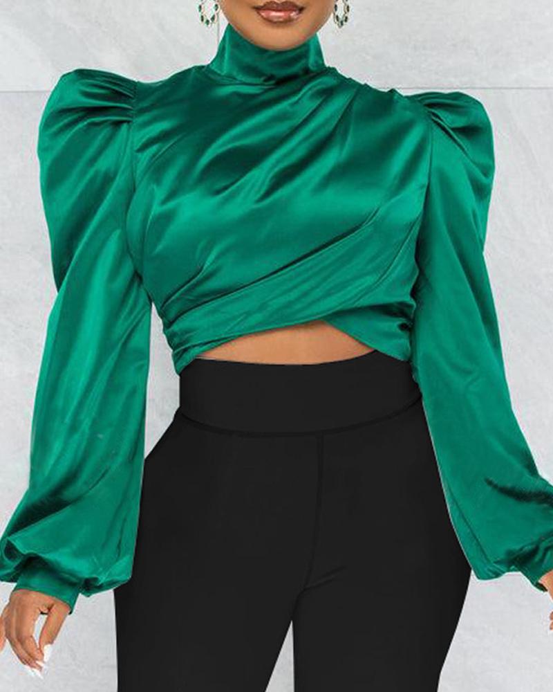 

Puff Lantern Sleeve High Neck Ruched Crop Top, Green