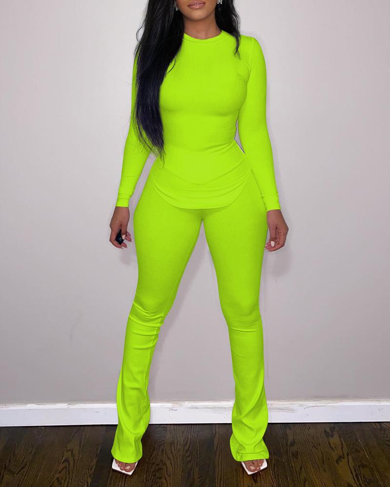 

Ribbed Long Sleeve Top & Pants Set, Green