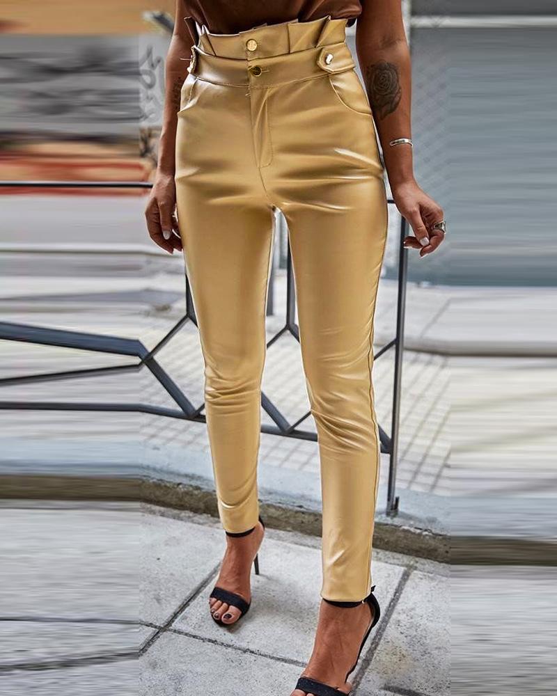 

PU Leather Ruched High Waist Skinny Pants, Khaki