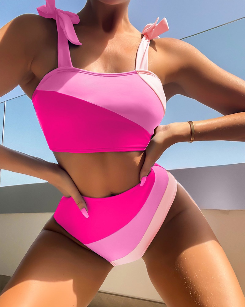 

Colorblock Tied Detail High Waist Bikini Set, Pink