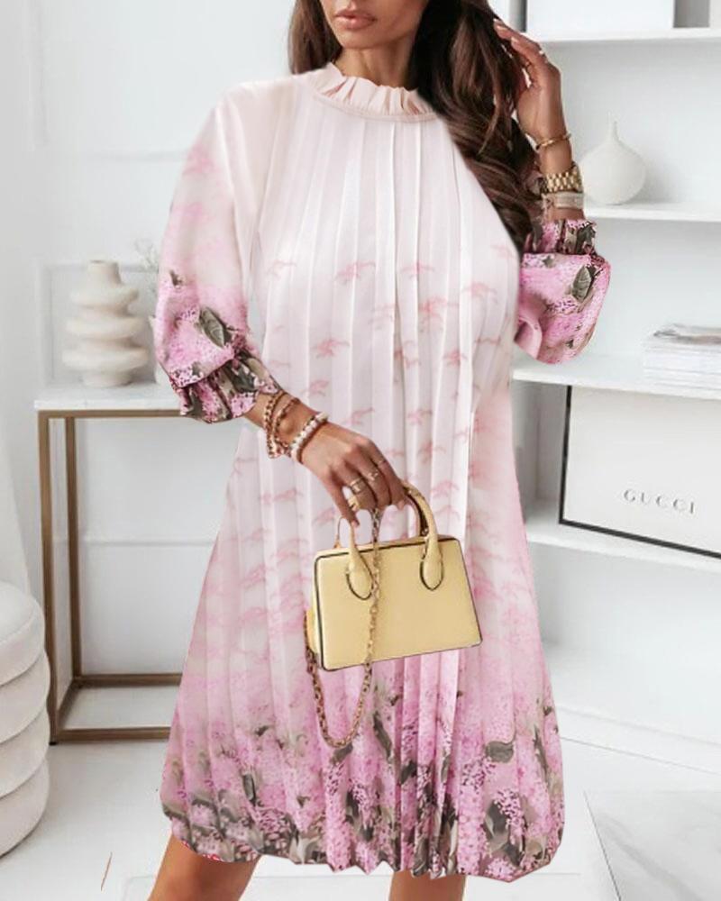 

Floral Leaf Print Frill Hem Pleated Dress, Pink