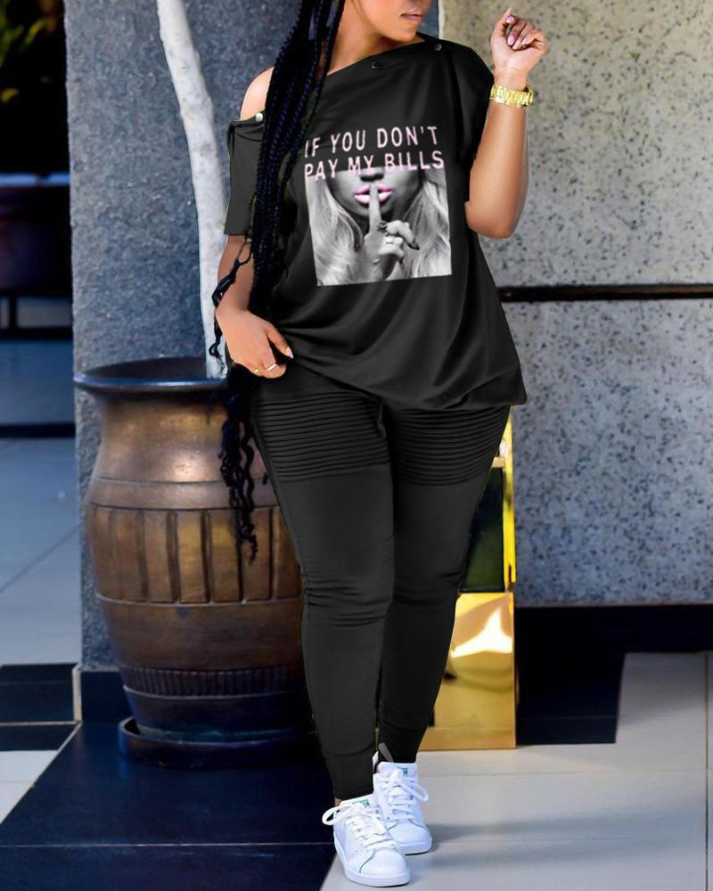 

Slogan Print Casual Top & Pants Set, Black