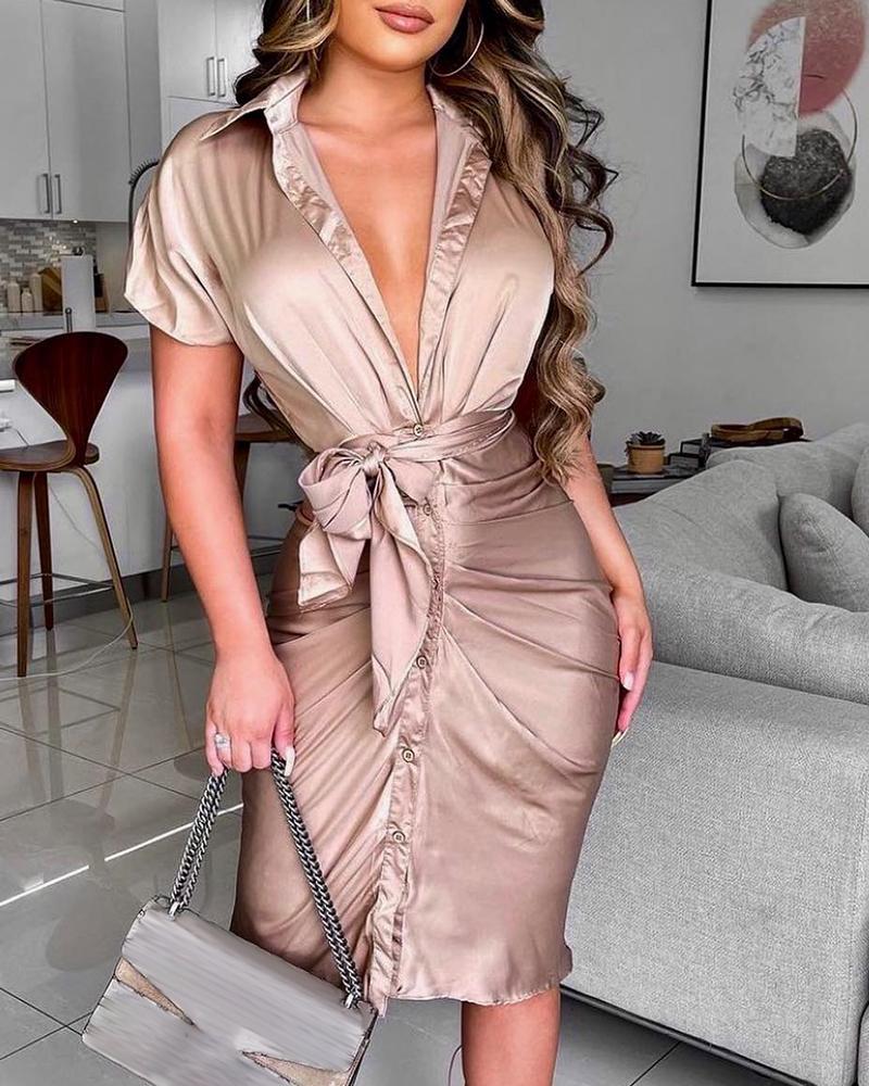 

Tied Detail Satin Ruched Shirt Dress, Brown