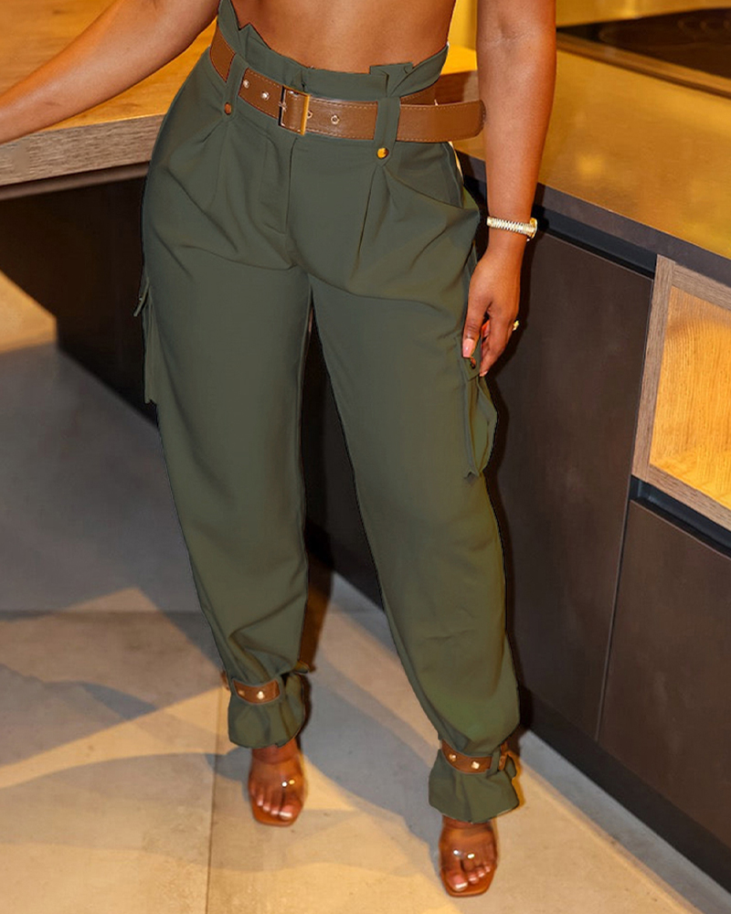 

Pocket Design High Waist Pants, Army green