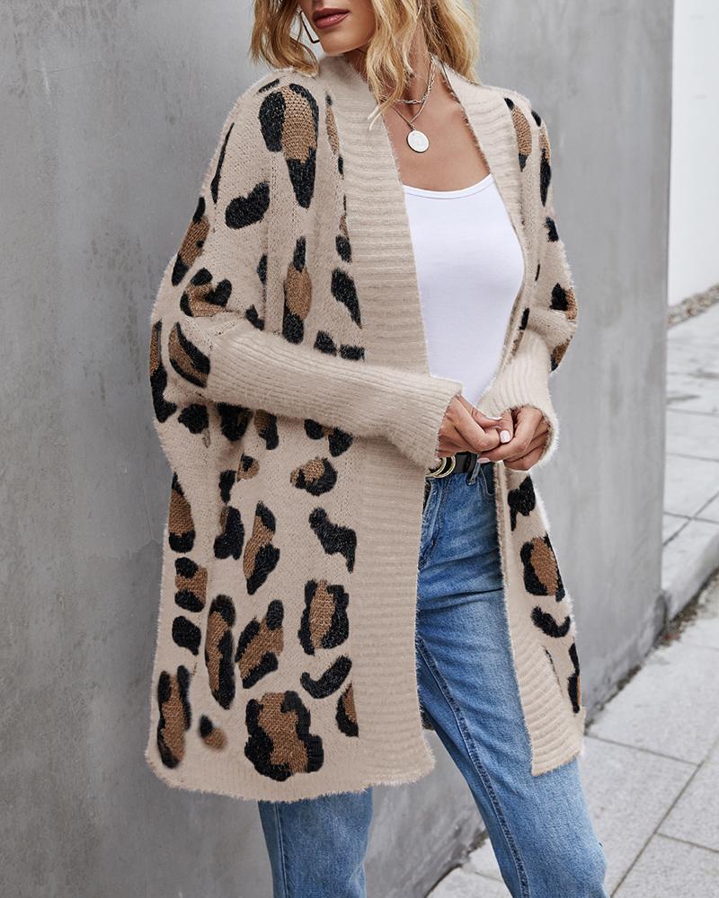 

Leopard Pattern Fuzzy Batwing Sleeve Knit Cardigan, Khaki