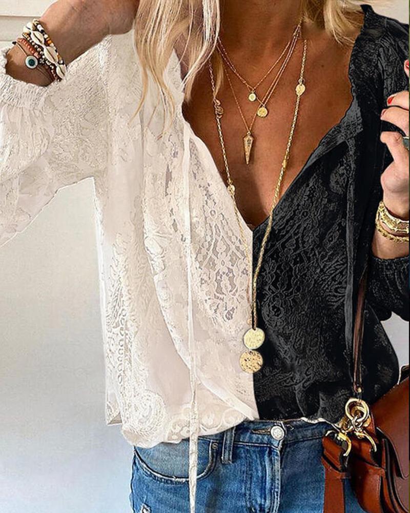 

Color Block Splicing Lace Long Sleeve Shirt, Apricot
