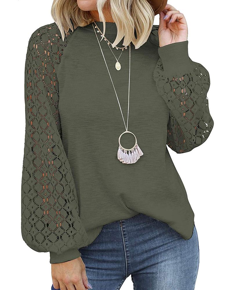 

Lantern Sleeve Hollow Out Top, Green