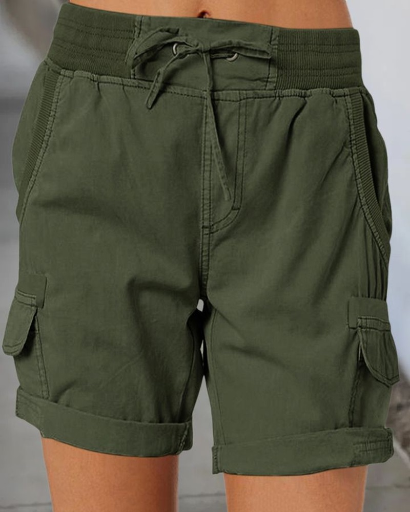 

Pocket Detail Roll Hem Drawstring Shorts, Green