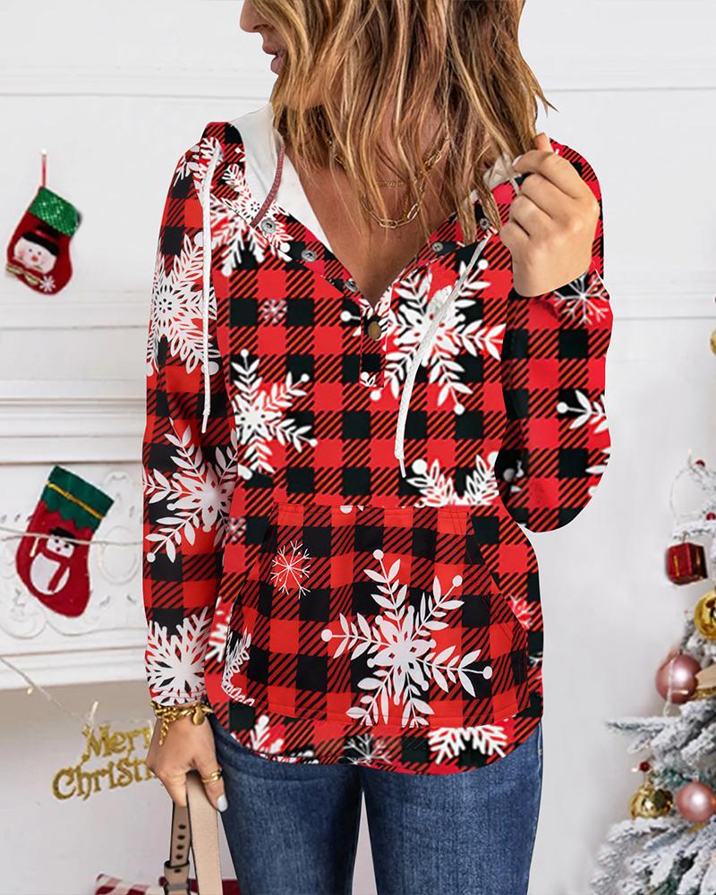 

Christmas Snowflake Plaid Print Long Sleeve Hoodie, Red