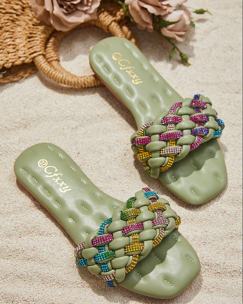 

Braided Colorblock Rhinestone Square Toe Slippers, Green