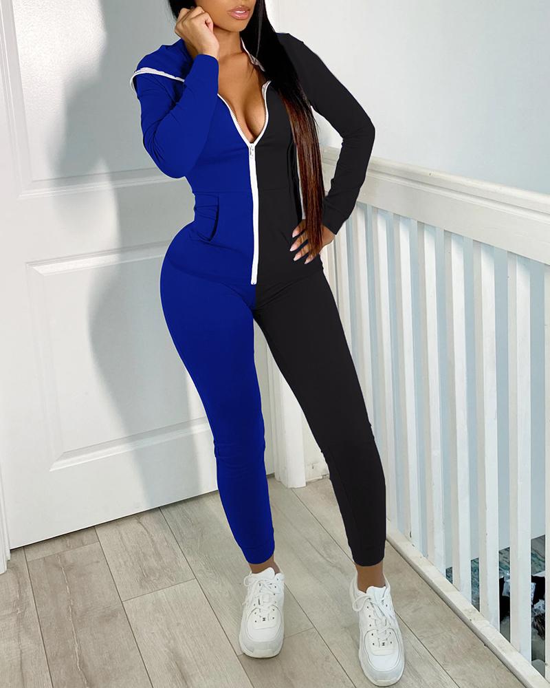 

Zipper Design Colorblock Hooded Jumpsuit, Black