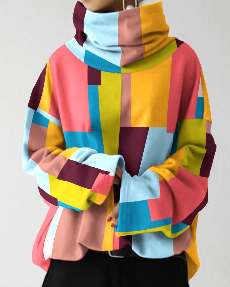 

Geometric Print Long Sleeve High Neck Top, Multicolor