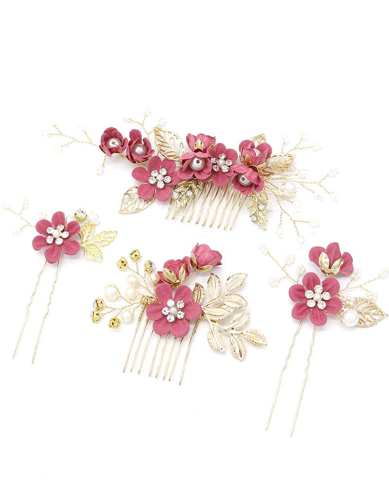 

4pcs Wedding Bridal Hair Comb Clips Leaf Pearl Hairpins Crystal Floral Jewelry Headpieces Set, Hot pink