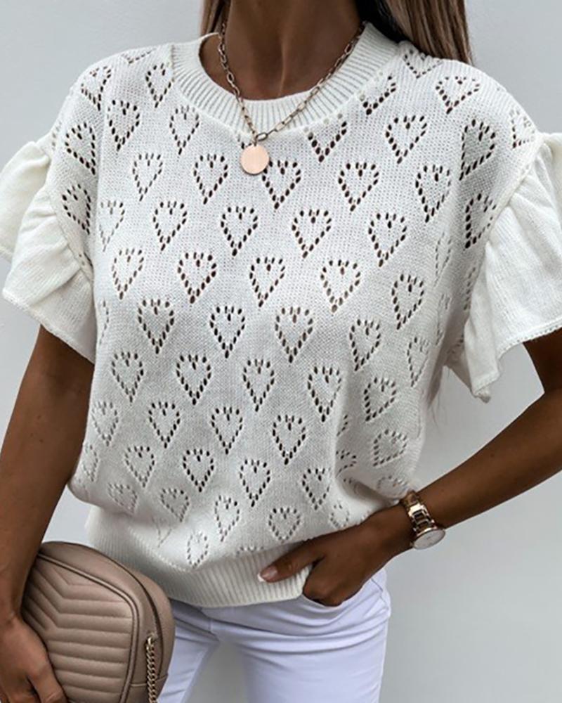 

Heart Pattern Hollow Out Ruffles Hem Short Sleeve Top, White