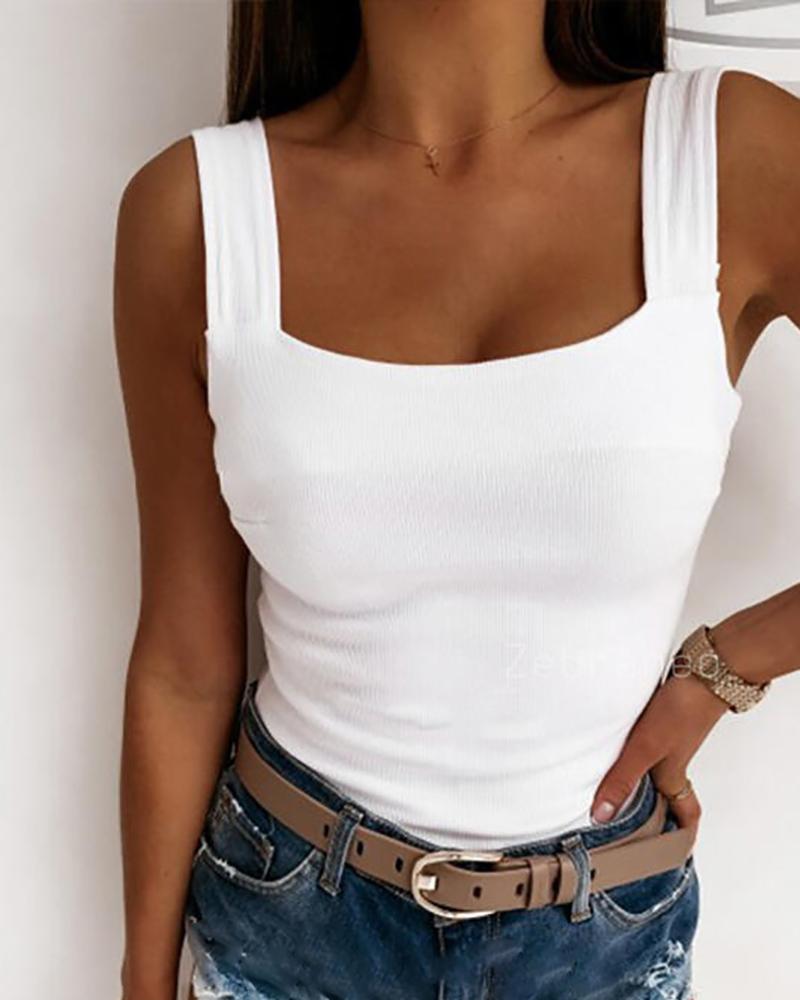 

Square Neck Backless Knit Basic Tank Top, White