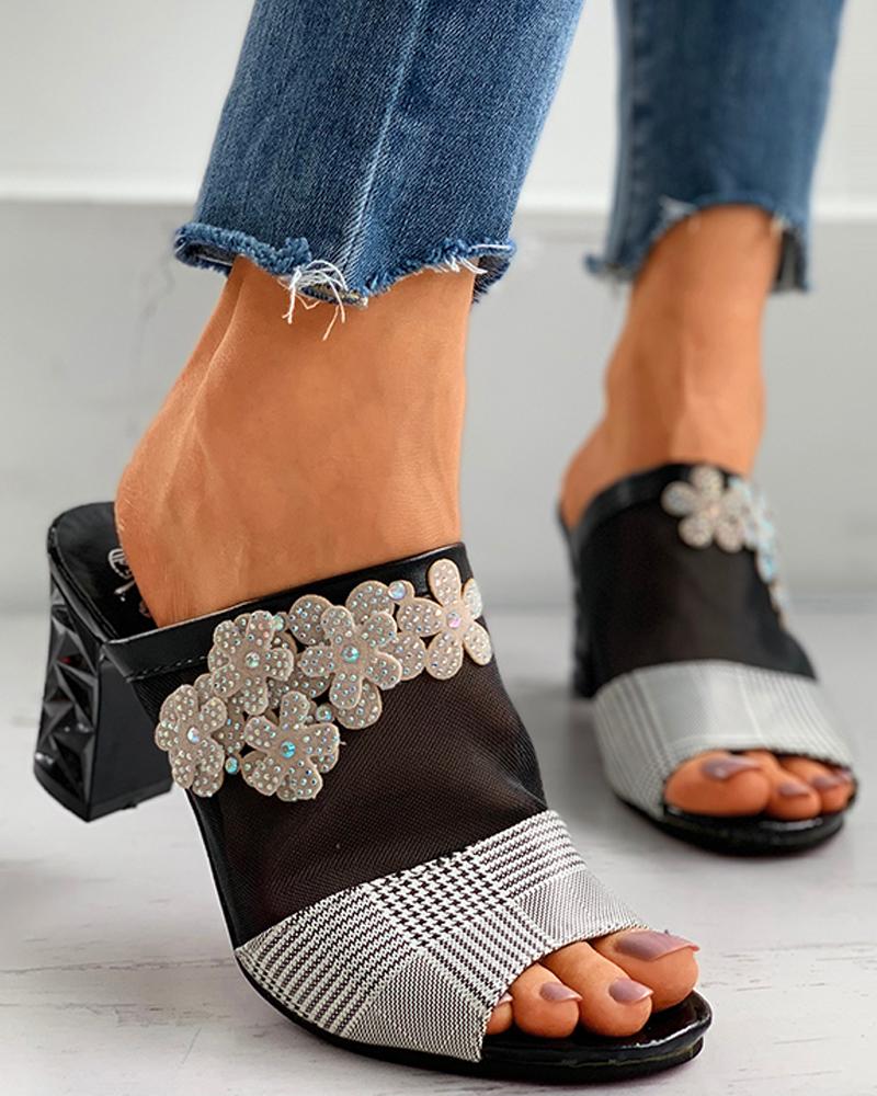 

Floral Pattern Beaded Gingham Print Mesh Chunky Heels, Black