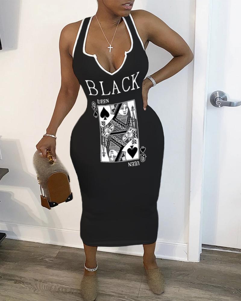 

Poker Letter Print Contrast Binding Sleeveless Dress, Black
