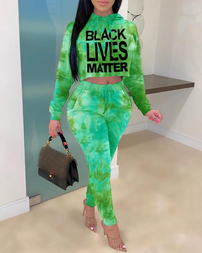 

Letter Tie Dye Print Hooded Top & Drawstring Pants Set, Green