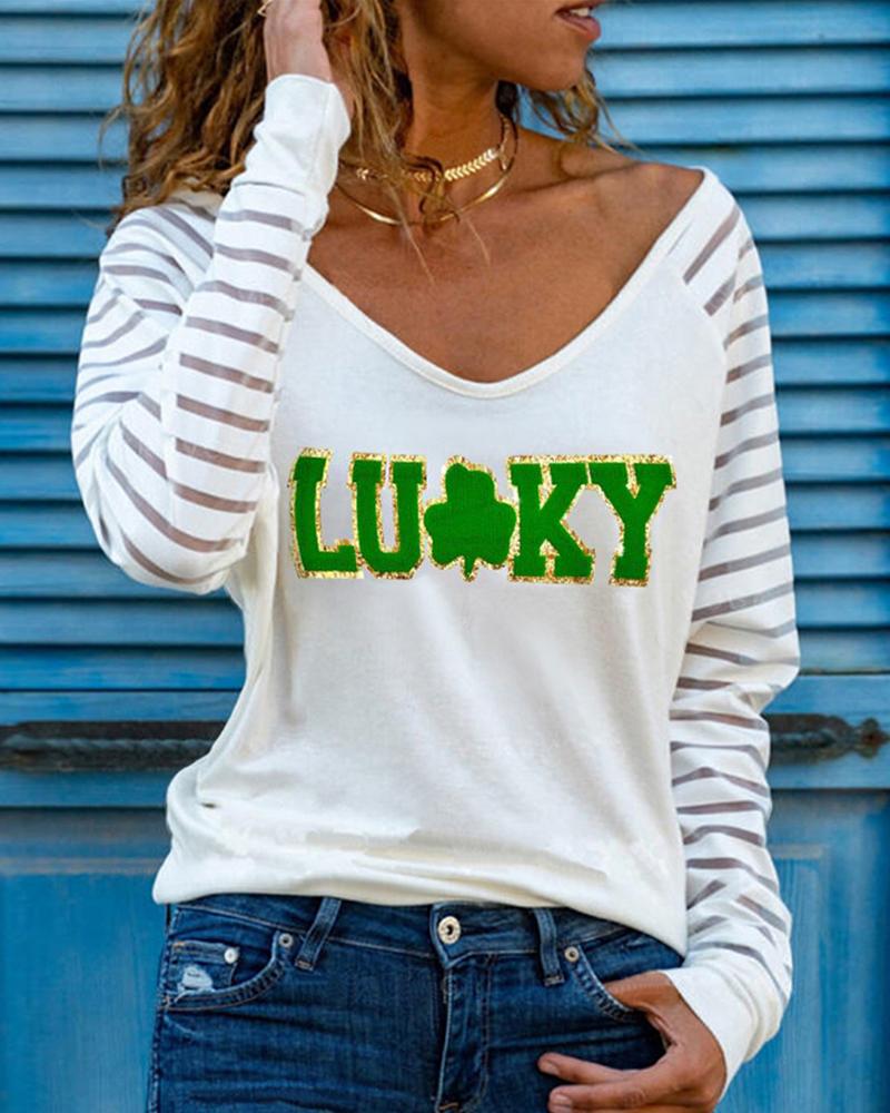 

St. Patrick' Day Lucky Shamrock Print Contrast Mesh Long Sleeve Top, White