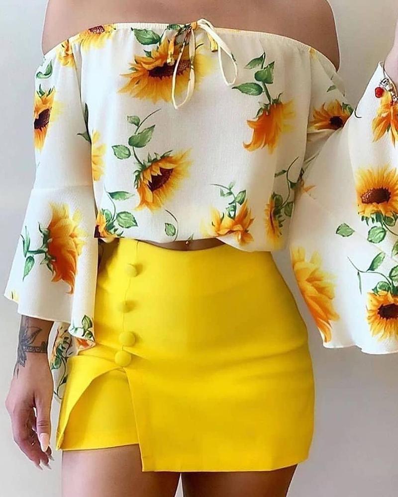 

Bell Sleeve Sunflower Print Off Shoulder Top & Skort Set, Yellow