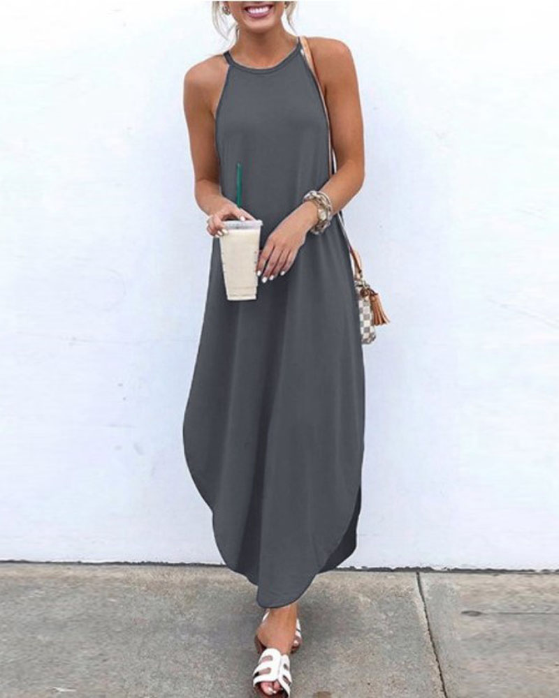 

Plain Round Neck Sleeveless Casual Dress, Gray