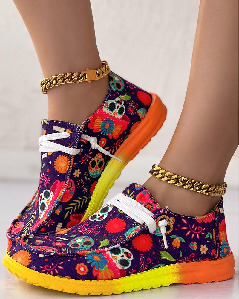 

Halloween Skull Print Lace-up Slip-on Loafers, Multicolor