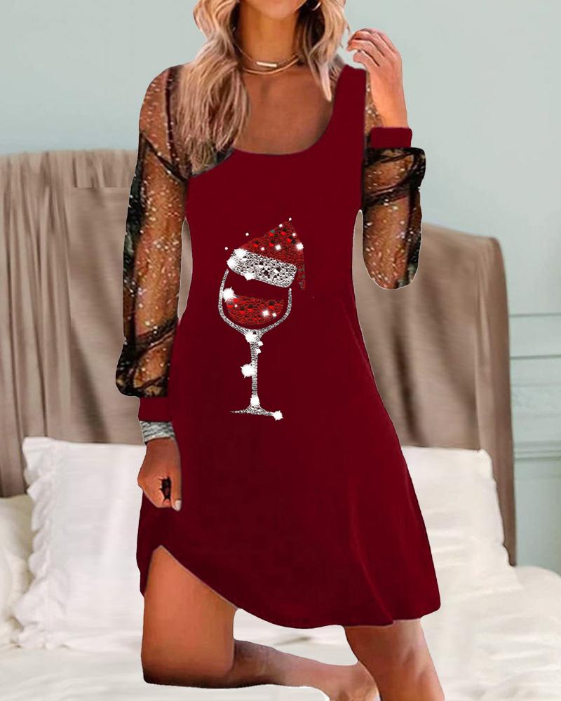 

Christmas Wine Glass Print Contrast Mesh Casual Dress, Wine red