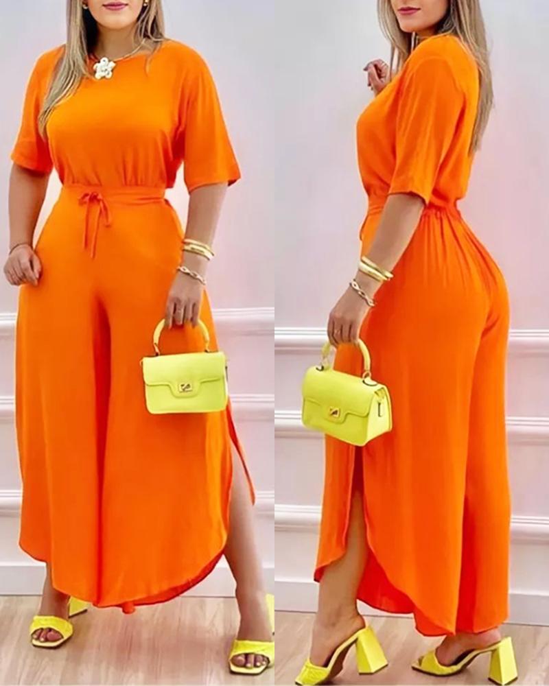 

Casual Top & Split Hem Wide Leg Pants Set, Orange