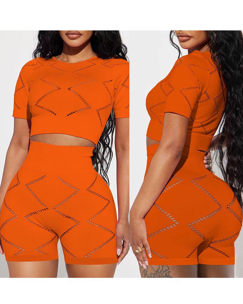 

Hollow Out Crop Top & Shorts Set, Orange