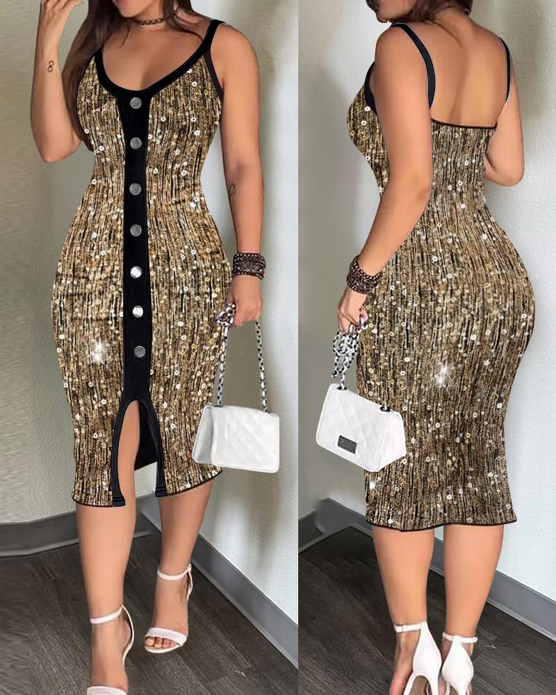 

Robe moulante sans manches à empiècements contrastés, col en V, sequins, robe mi-longue fendue avec boutons décoratifs, Gold