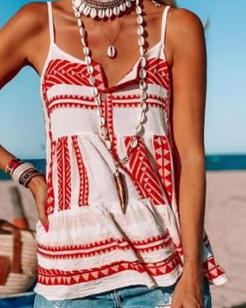 

Retro Patterns Print Sleeveless Loose Tanks, Red