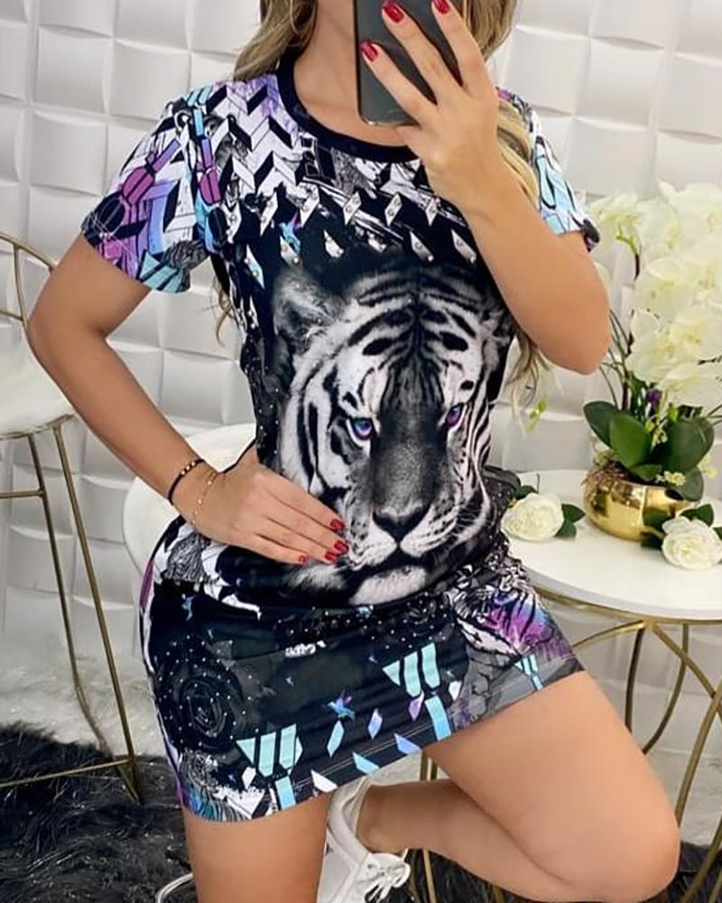 

Tiger Graphic Print Colorblock T-shirt Dress, Multicolor