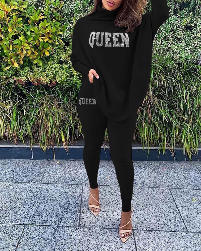 

Rhinestone Letter Pattern Long Sleeve Top & Pants Set, Black