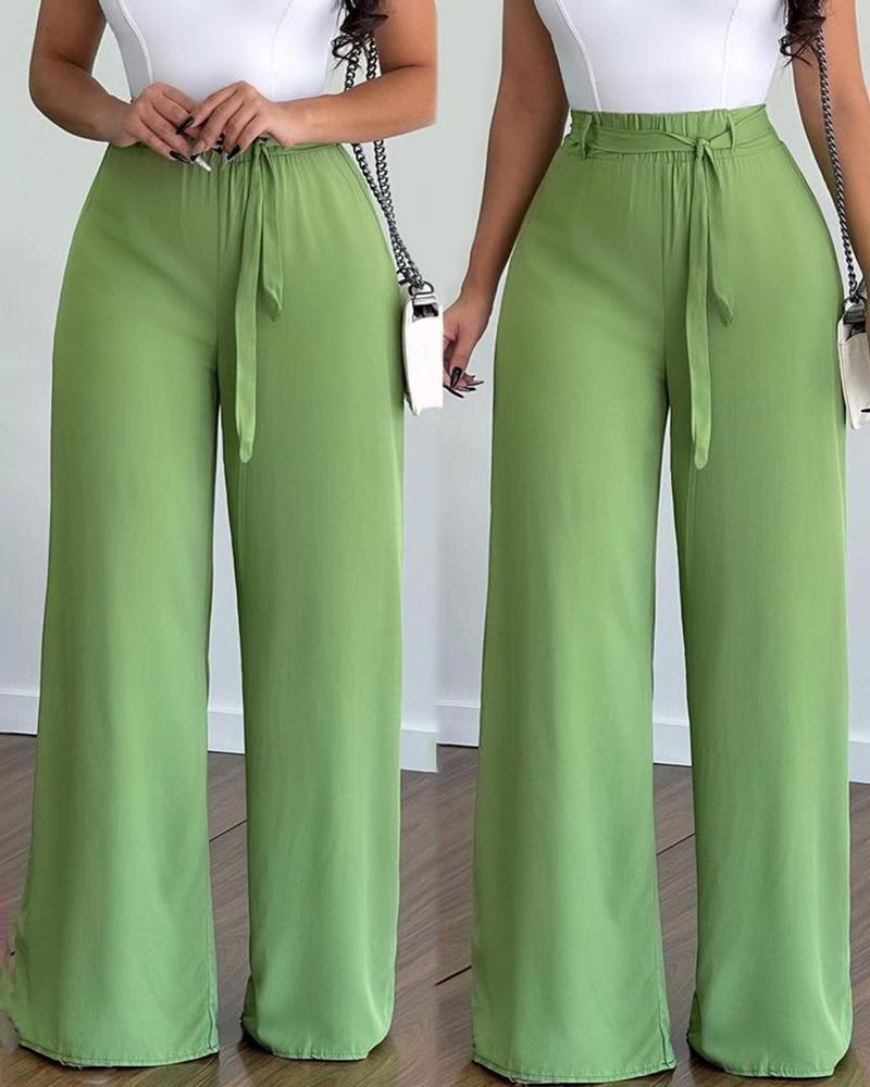 

Tied Detail High Waist Wide Leg Pants, Green