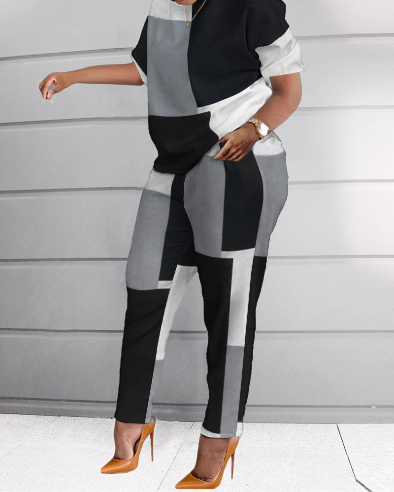 

Plus Size Geometric Print Casual Top & Pants Set, Blackwhite