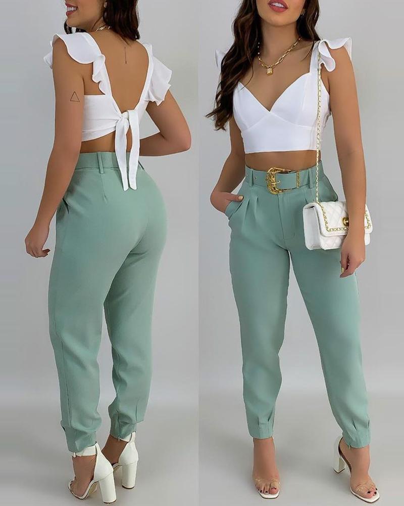 

Ruffle Sleeve Top & Pocket Design Pants Set, Light green
