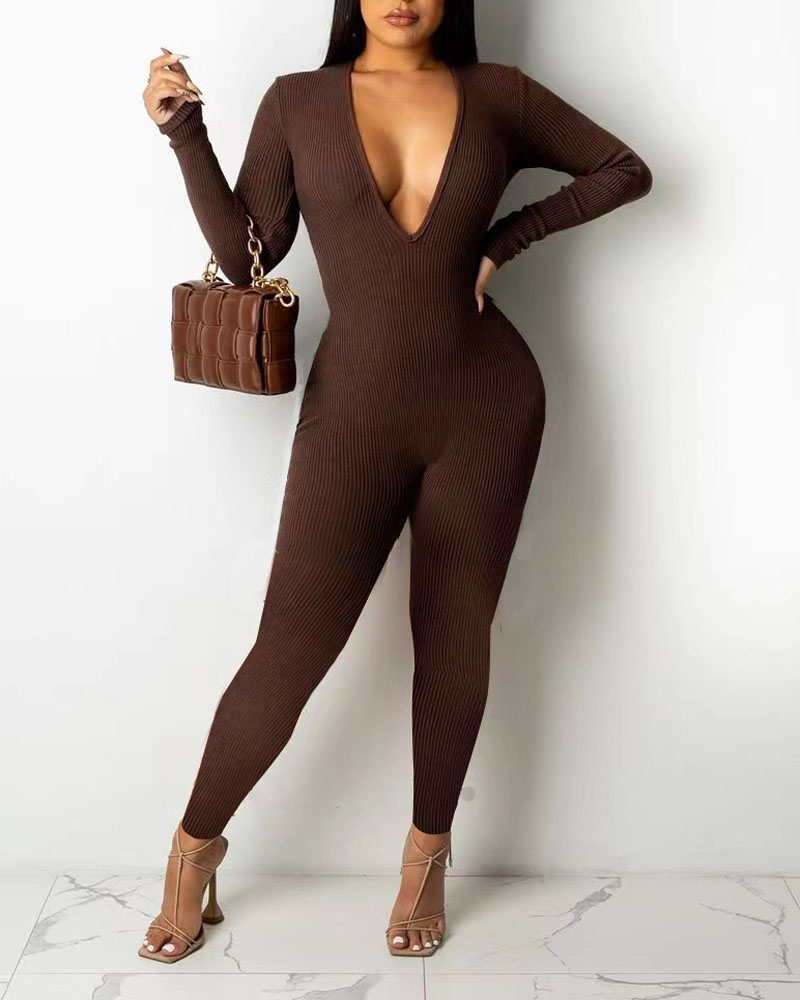 

Long Sleeve Plunging Skinny Jumpsuit, Coffee