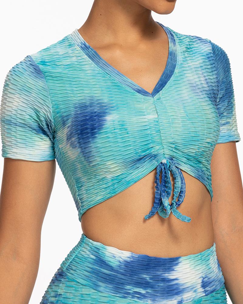 

Tie Dye Print Sports T-shirt Textured Drawstring Ruched Yoga Crop Tops, Blue
