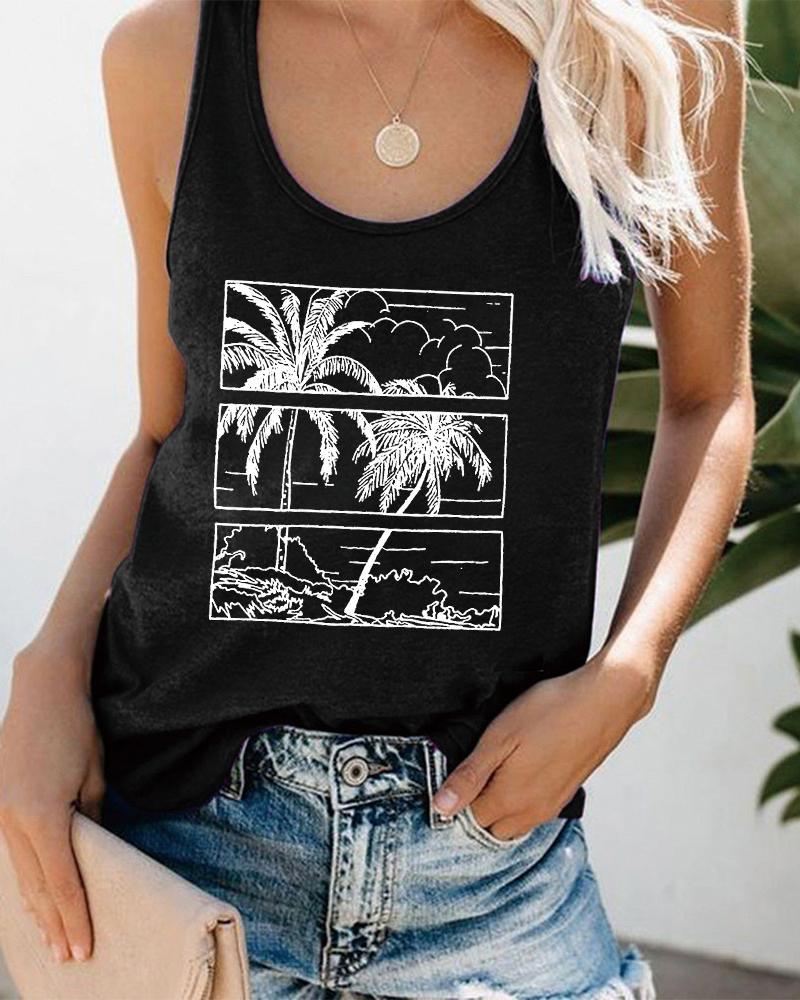 

Coconut Tree Letter Print Graphic Tee Scoop Neck Summer Beach Vest Tank Top, Black