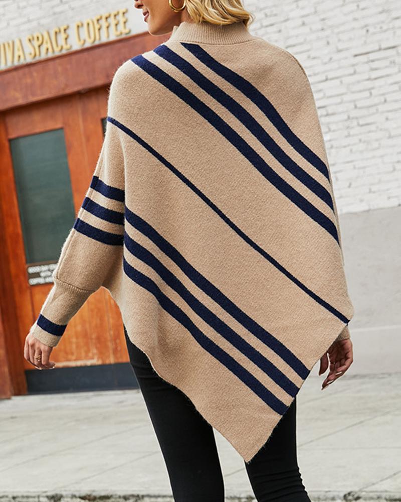 

Striped Cape Sleeve Poncho Sweater, Khaki