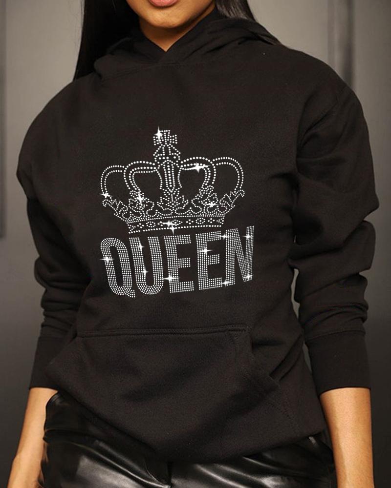

Rhinestone Letter Crown Pattern Long Sleeve Hoodie, Black