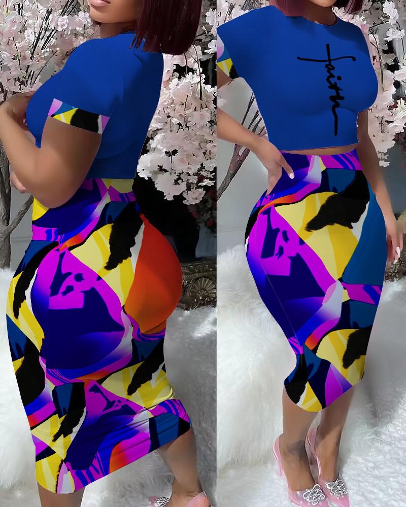 

Abstract Geometric Print Top & High Waist Skirt Set, Purple