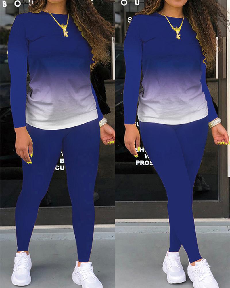 

Plus Size Ombre Long Sleeve Top & Pants Set, Blue