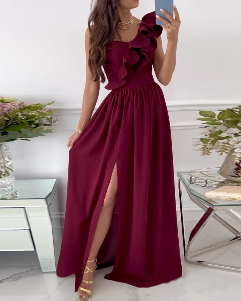 

One Shoulder Ruffle Hem Slit Party Dress, Dark red